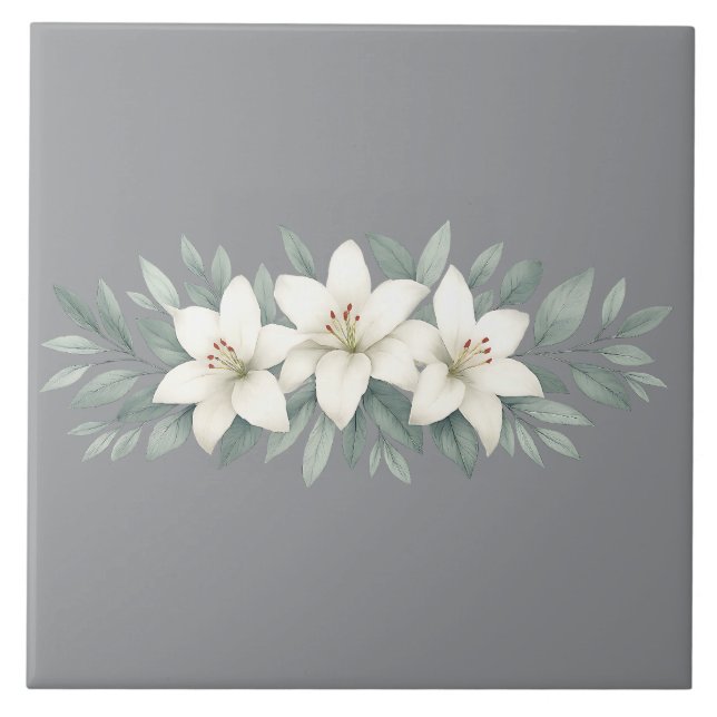 Vit Lily Blommigt Elegant Botaniskt accent Kakelplatta (Framsidan)