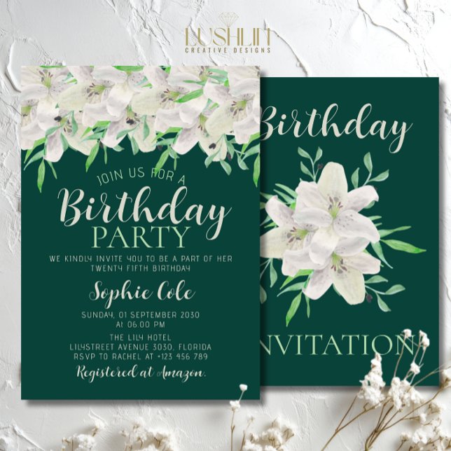 Vit Lily Födelsedag Elegant Smaragdgrön Blomma Inbjudningar (Skapare uppladdad)