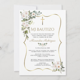Vit Lily Rose Bautizo Med Blommor Guld Dop  Inbjudningar