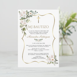 Vit Lily Rose Bautizo Med Blommor Guld Dop Inbjudningar