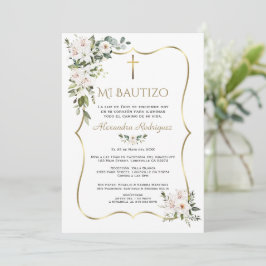 Vit Lily Rose Bautizo Med Blommor Guld Dop Inbjudningar