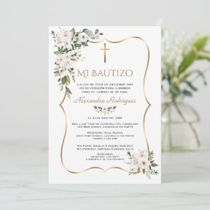 Vit Lily Rose Bautizo Med Blommor Guld Dop Inbjudningar