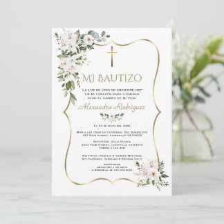 Vit Lily Rose Bautizo Med Blommor Guld Dop Inbjudningar