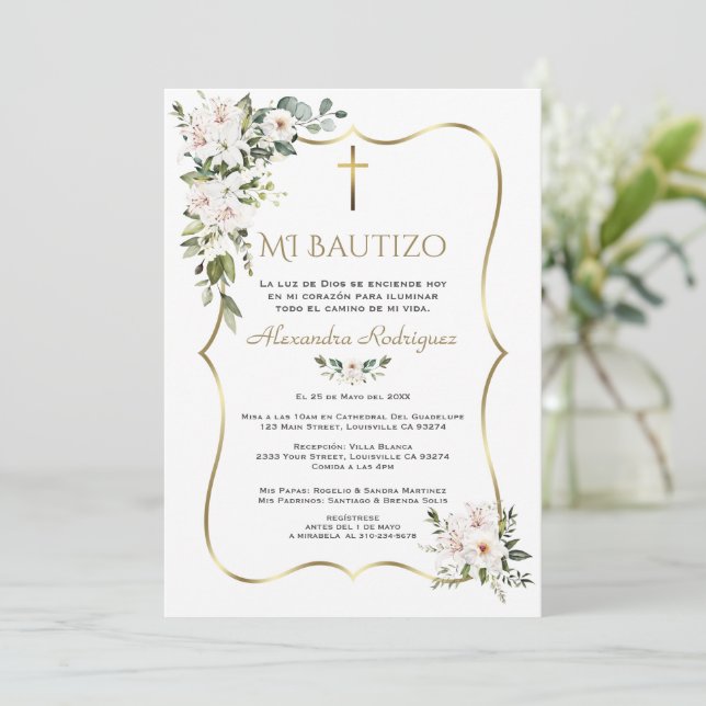 Vit Lily Rose Bautizo Med Blommor Guld Dop  Inbjudningar (Stående Fram)