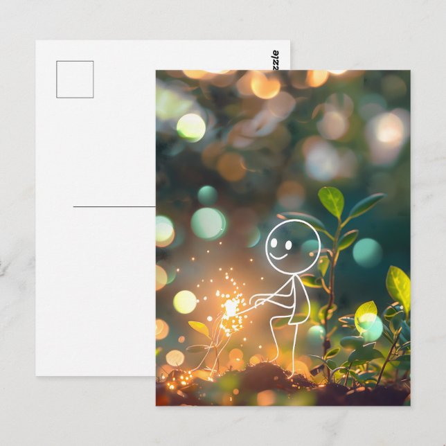 Vit linjekonst stick figur, postkorsning vykort (Fram/baksida)