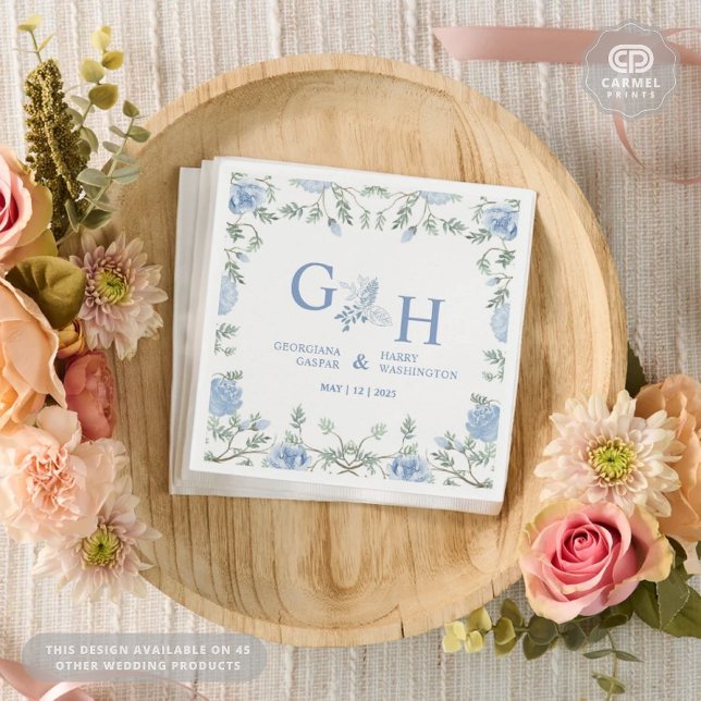 Vit Ljus Mjuk Paste Blåa blommor Blommigt Bröllop Pappersservett (White Light Soft Paste Blue Flowers Floral Wedding Napkins
)