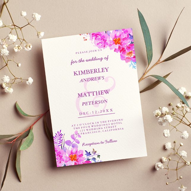 Vit ljus rosa lilax vattenfärgsfärg blommigt Bröll Inbjudningar (White bright pink lilac watercolor floral Wedding )
