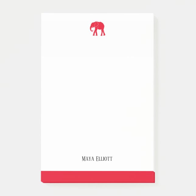 Vit & Ljusröd Elefant & Kant, Namn Post-it Block (Framsida)