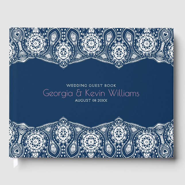 Vit loral spets mörkblå bakgrund gästböcker (Framsida)