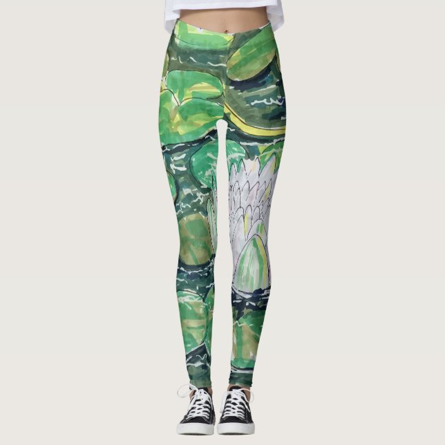 Vit Lotus och Näckrosblad Leggings (Framsida)
