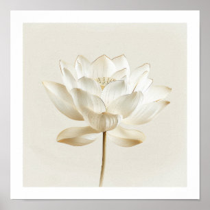 Vit Lotus Zen Väggkonst – Minimal Beige Tryck