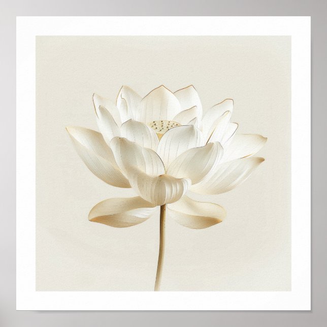 Vit Lotus Zen Väggkonst – Minimal Beige Tryck (Framsidan)