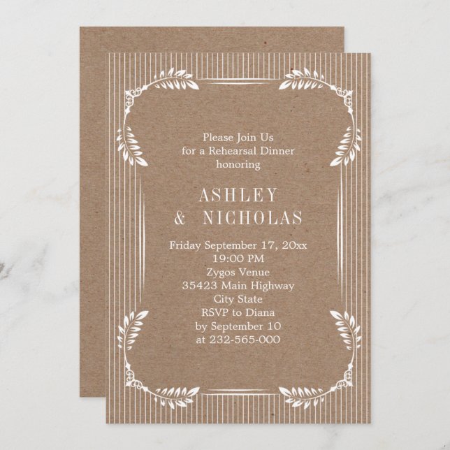 Vit löv Kraft papper bröllop-repetitionsmiddag Inbjudningar (Fram/baksida)