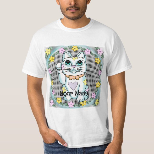 Vit Lucky Cat  T Shirt (Framsida)