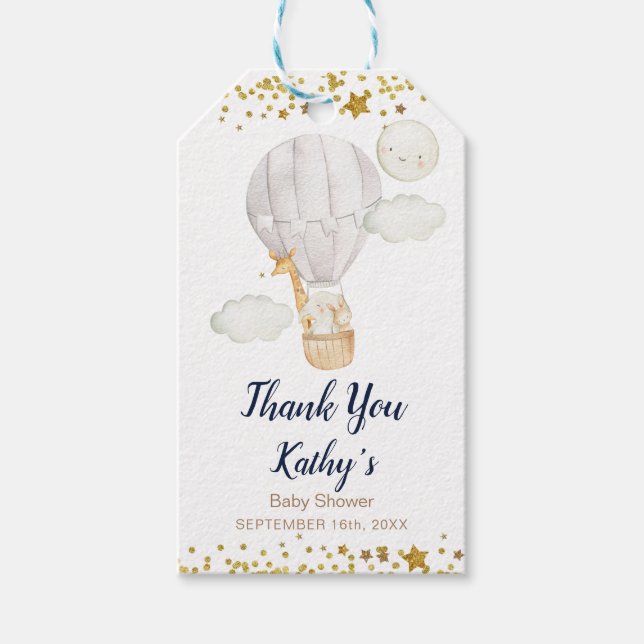 Vit Luftballong Jungle Animals Guld Glitter Presentetikett (Framsidan)