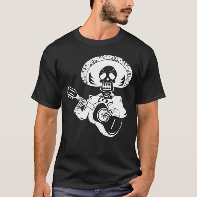 vit lycklig cinco de mayo mariachi skelett t shirt (Framsida)