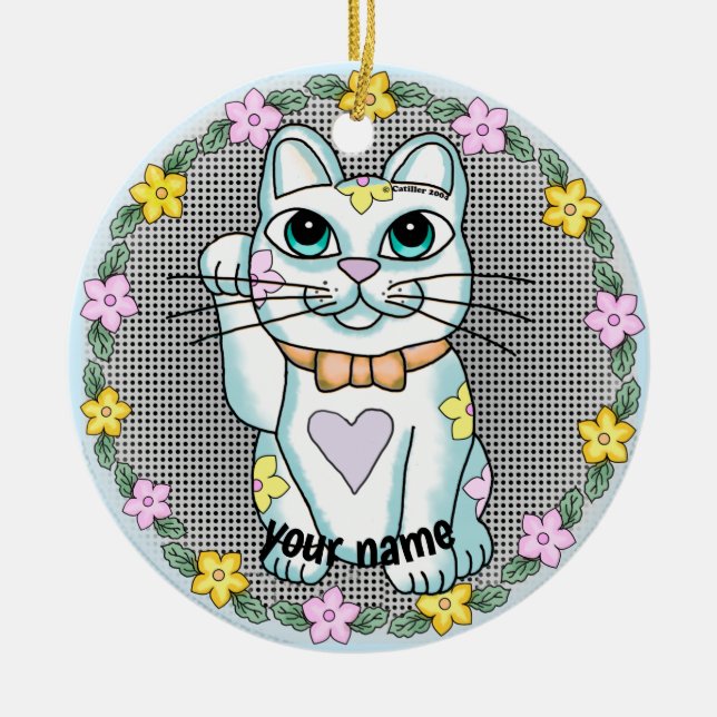 Vit lycklig kattprydnad julgransprydnad keramik (Framsidan)