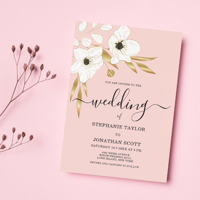 Vit lyx från guld blommigt bröllop inbjudningar (Soft coral white luxury gold floral wedding )