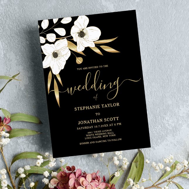 Vit lyxvit guld blommigt elegant bröllop inbjudningar (Luxury black white gold floral elegant wedding)