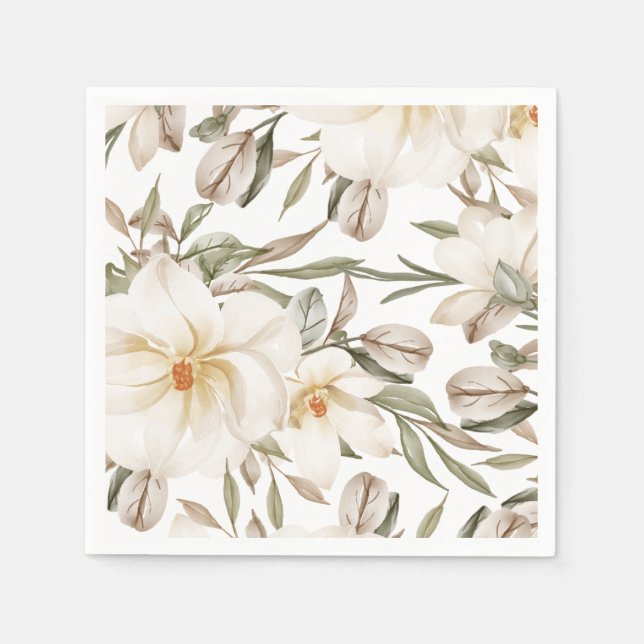 Vit Magnolia Blommig Bröllopsdusch Grönska Pappersservett (Framsidan)