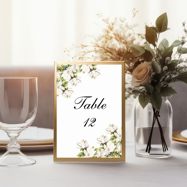 Vit Magnolia Blommig Elegant Bröllopsbord Nummer Bordsnummer (White Magnolia Floral Elegant Table number cards for wedding Rehearsal Dinner)
