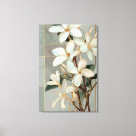 Vit Magnolia Blommig Guld Linje Marmor Canvastryck