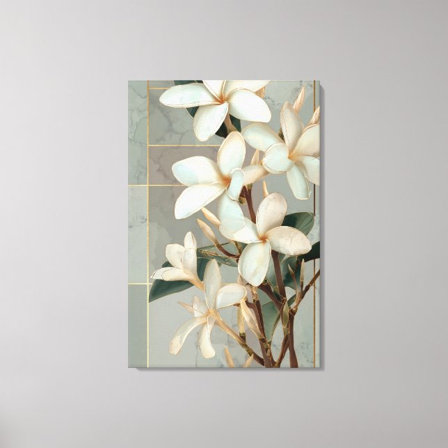 Vit Magnolia Blommig Guld Linje Marmor Canvastryck (Framsida)