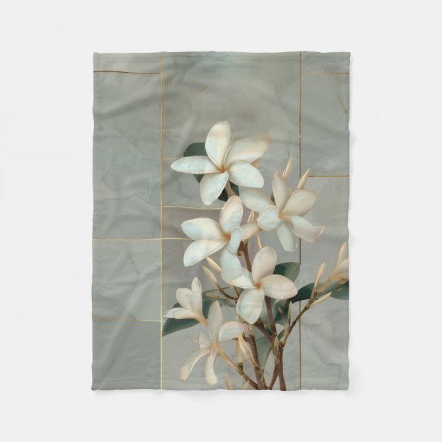Vit Magnolia Blommig Guld Linje Marmor Fleecefilt (Framsidan)