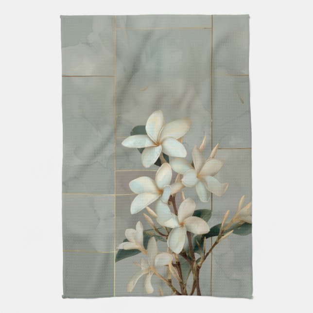 Vit Magnolia Blommig Guld Linje Marmor Kökshandduk (Vertikal)