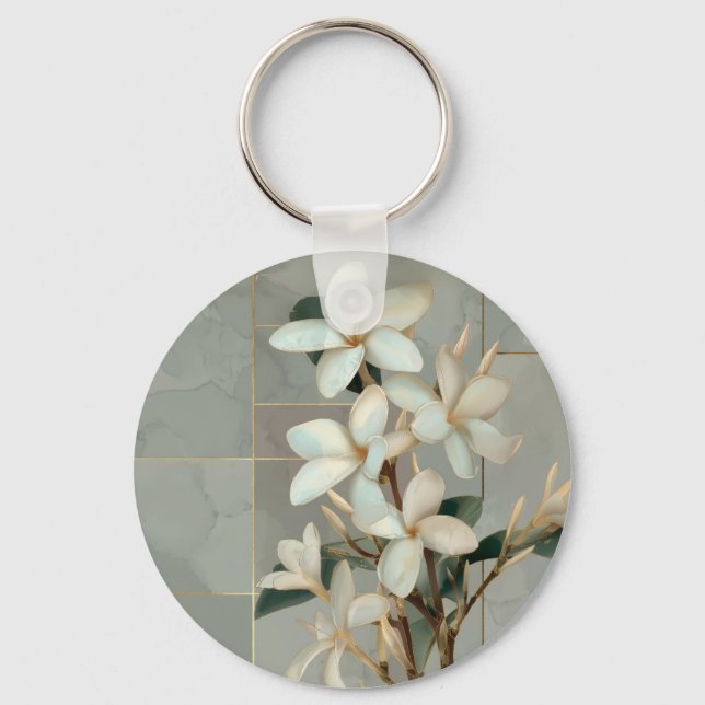 Vit Magnolia Blommig Guld Linje Marmor Nyckelring (Framsida)