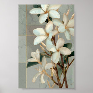 Vit Magnolia Blommig Guld Linje Marmor Poster