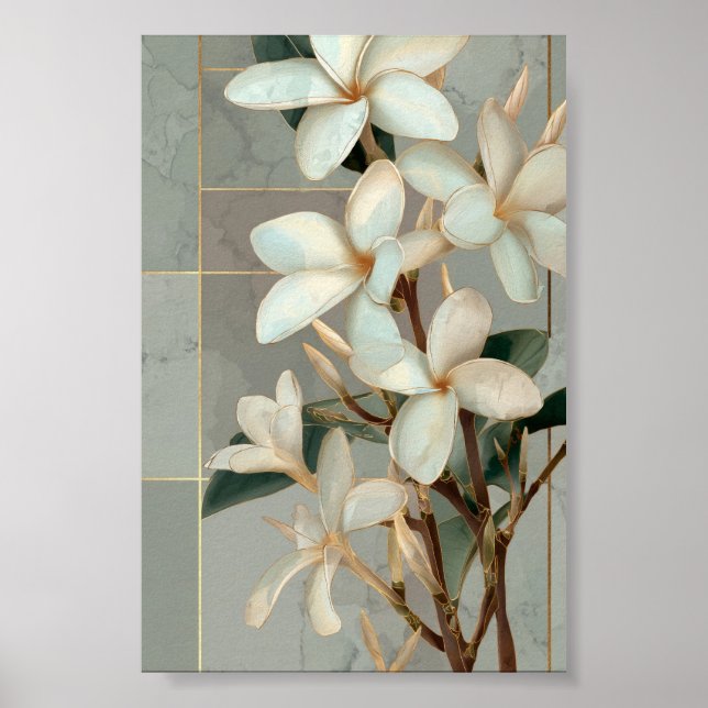 Vit Magnolia Blommig Guld Linje Marmor Poster (Framsidan)