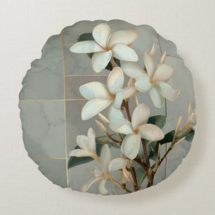 Vit Magnolia Blommig Guld Linje Marmor Rund Kudde