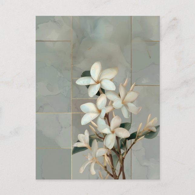 Vit Magnolia Blommig Guld Linje Marmor Vykort (Framsida)