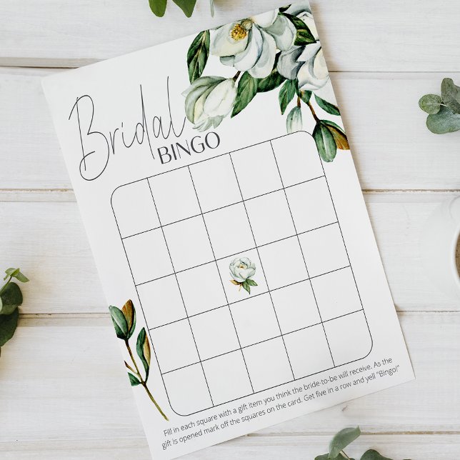 Vit Magnolia Blommig Rustik Bröllopsdusch Bingo (Skapare uppladdad)