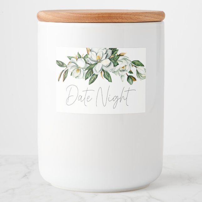 Vit Magnolia Blommig Rustik Datum Natt Kruka Mat Etiketter (Framsida)