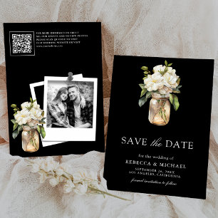 Vit Magnolia Blommig Svart QR-kod Bröllopsfoto Spara Datumet