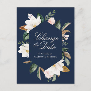 vit magnolia-blommigt, marin blått datum vykort