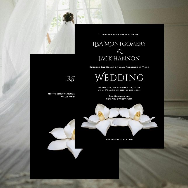 Vit Magnolia Elegant Blommig på Svart Bröllop Inbjudningar (White Magnolia Elegant Floral on Black Wedding Invitation)