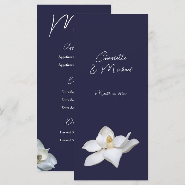 Vit Magnolia Elegant Flora Bröllop i Marinblått Meny (Fram/baksida)