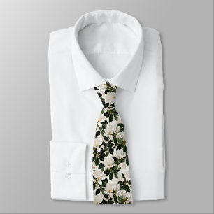 Vit Magnolia & Gröna blad Sömlös blomster Slips