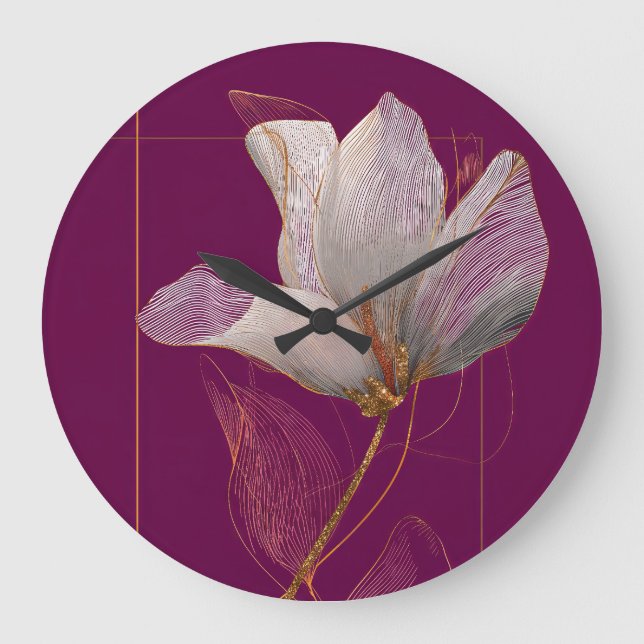 Vit Magnolia Guld Linje Magenta Stor Klocka (Framsida)