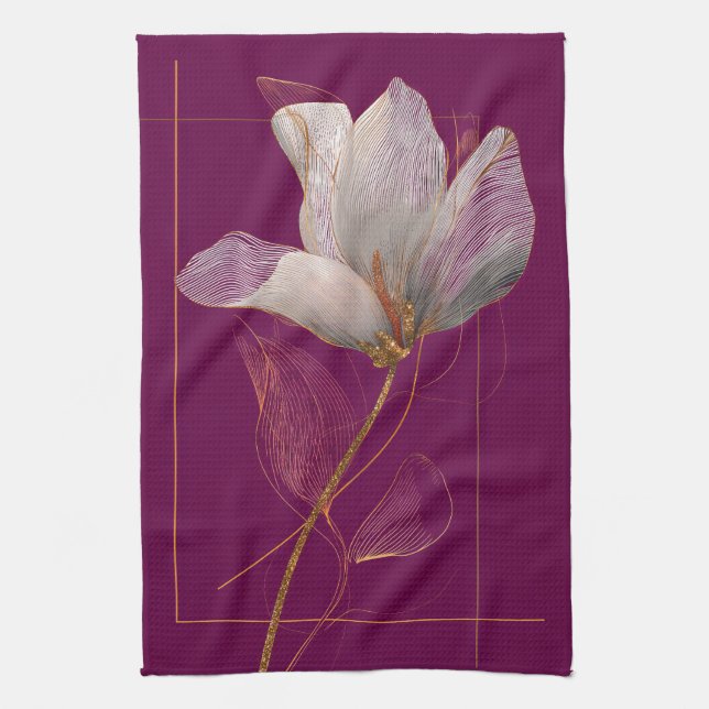 Vit Magnolia Guldlinje Magenta Kökshandduk (Vertikal)