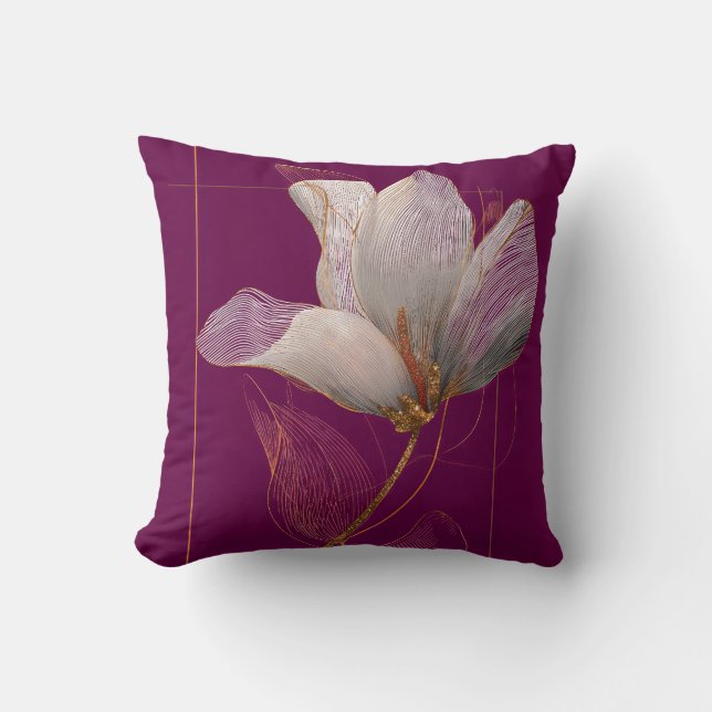 Vit Magnolia Guldlinje Magenta Kudde (Framsida)