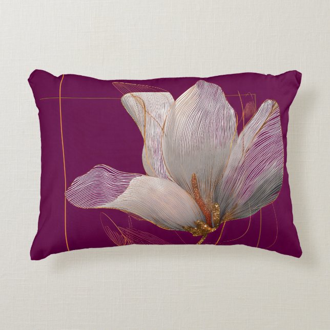 Vit Magnolia Guldlinje Magenta Prydnadskudde (Framsidan)