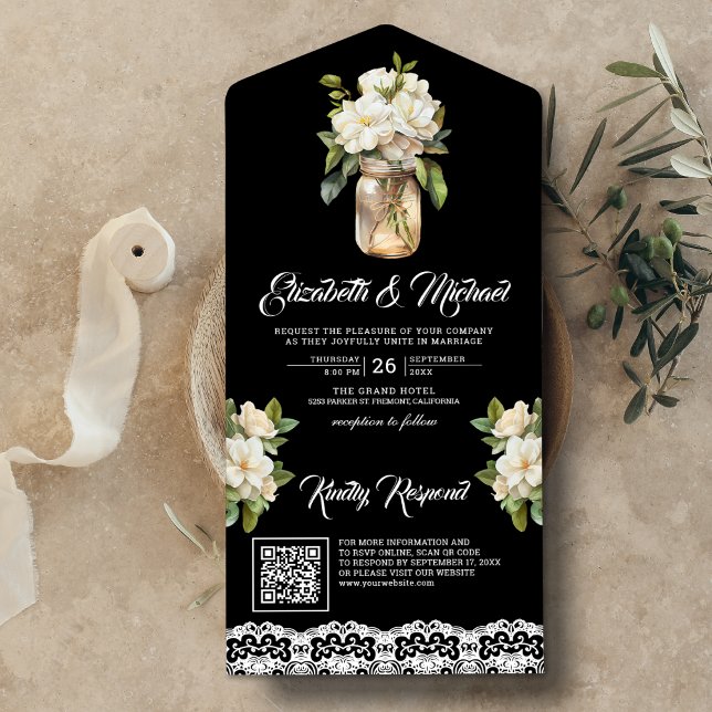 Vit Magnolia Murkelburk Svart QR-kod Bröllop (Skapare uppladdad)