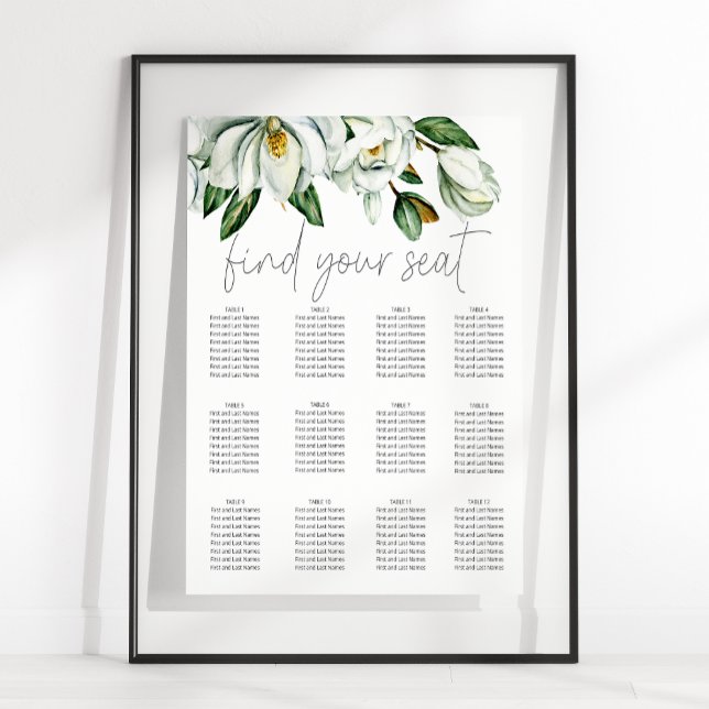 Vit Magnolia Rustik Blommig Bröllops Sittplatskart Poster (Skapare uppladdad)