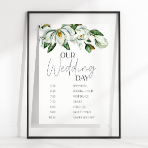 Vit Magnolia Rustik Blommig Bröllopsschema Poster
