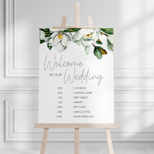 Vit Magnolia Rustik Blommig Bröllopsschema Poster