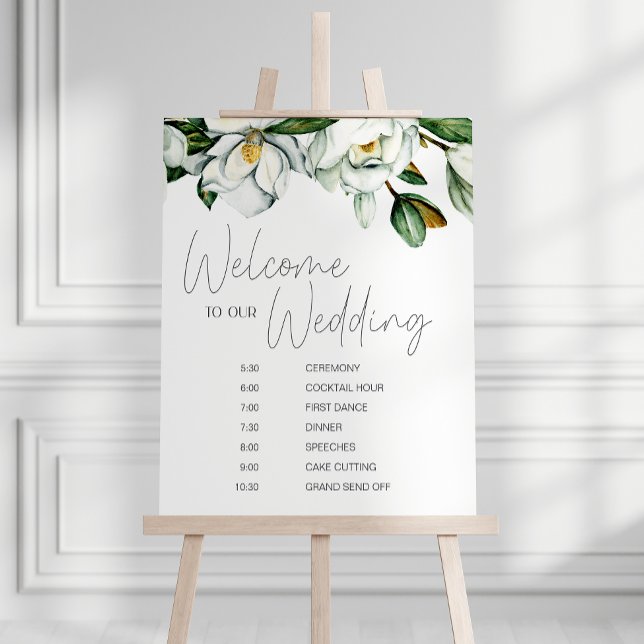 Vit Magnolia Rustik Blommig Bröllopsschema Poster (Skapare uppladdad)